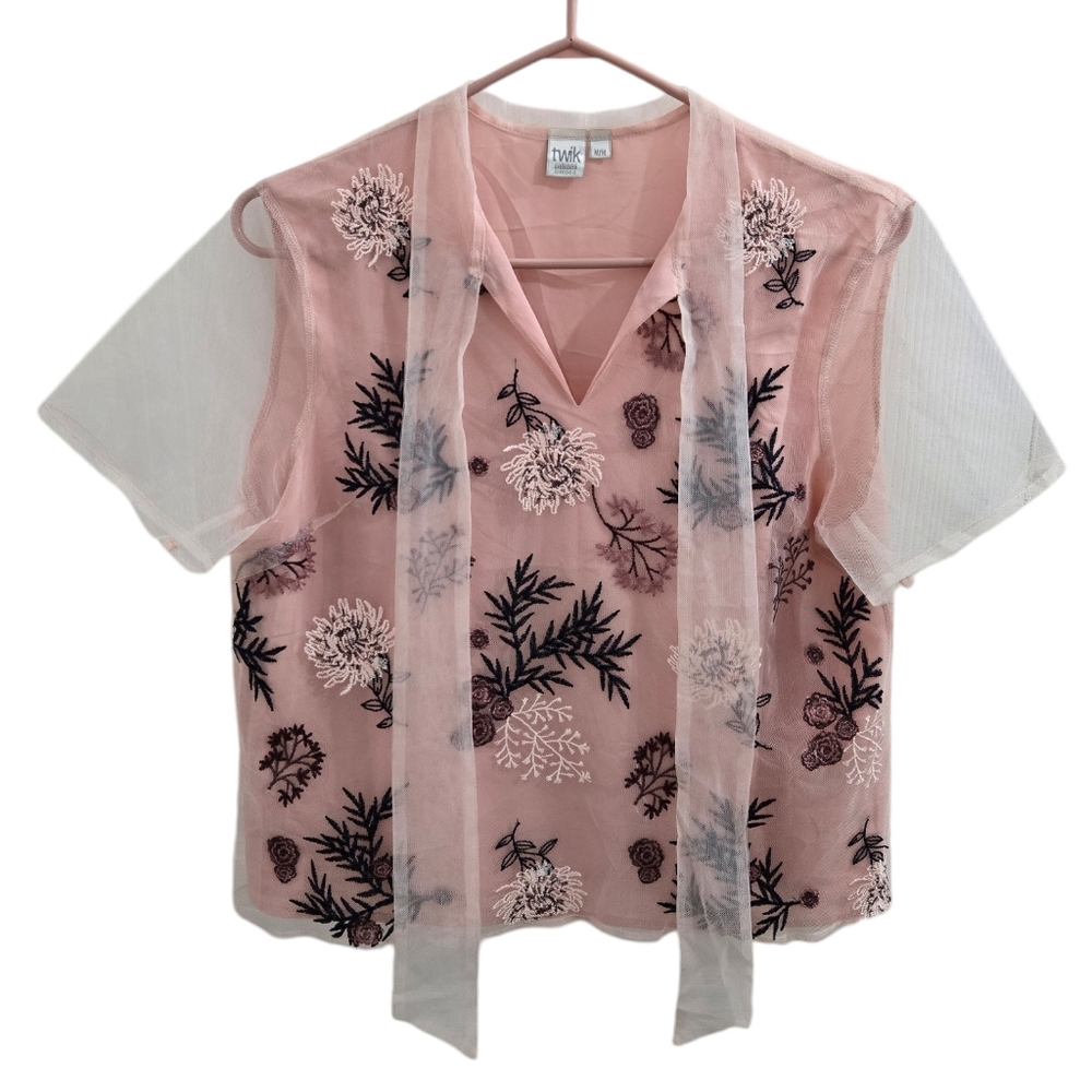 Twik Pink Floral Embroidered Mesh Top Size M